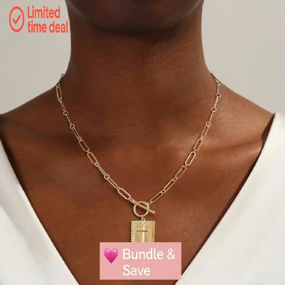 14K Gold Plated Cross Pendant Necklace 16.55" Paperclip Chain Toggle Clasp - Picture 3 of 8